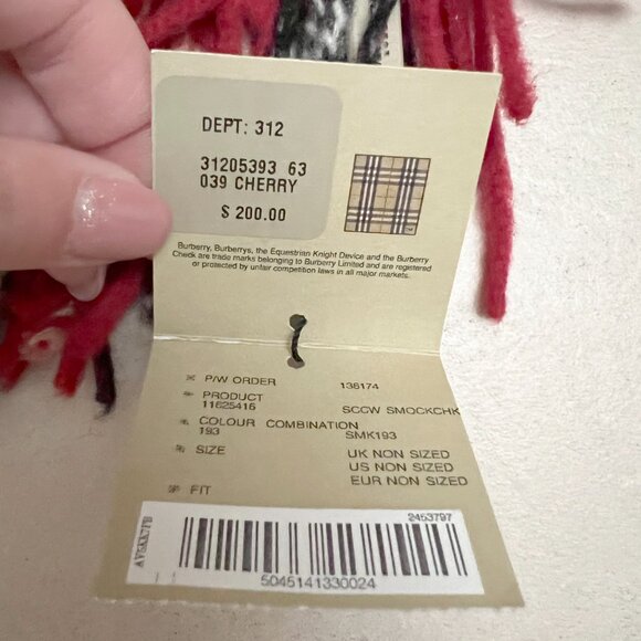 Burberry London Cherry Red Smocked SmockChech Chech Cashmere Wool Blend Scarf - Picture 4 of 5